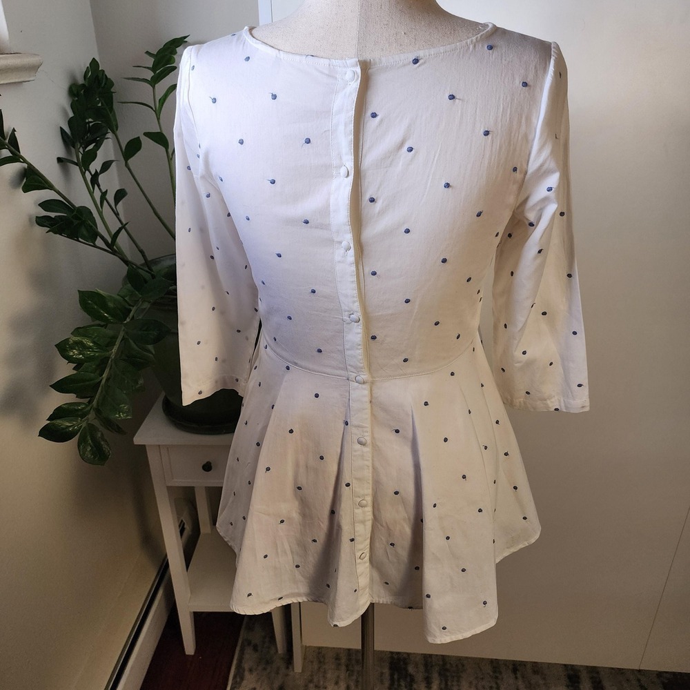 White & blue polka dots peplum blouse, flowy long button down back - Picture 6 of 10